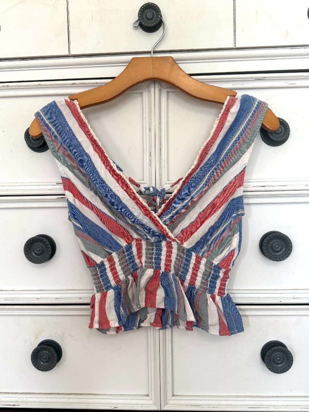 Angie crop top red blue and white stripes size small